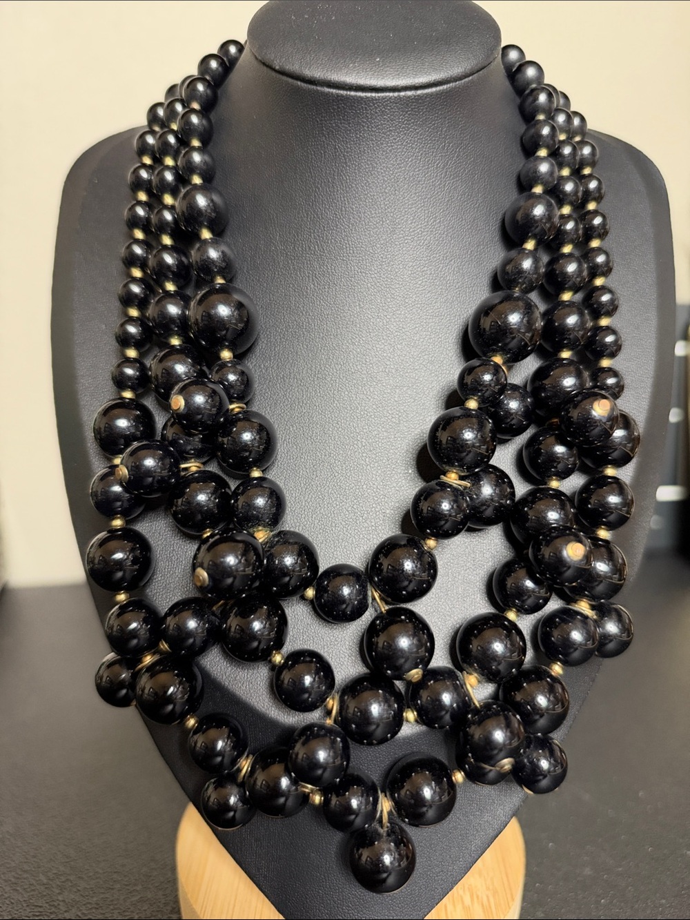 Vintage Multi-Strand Acrylic Black Bead Statement Necklace Gold Accents Chunky